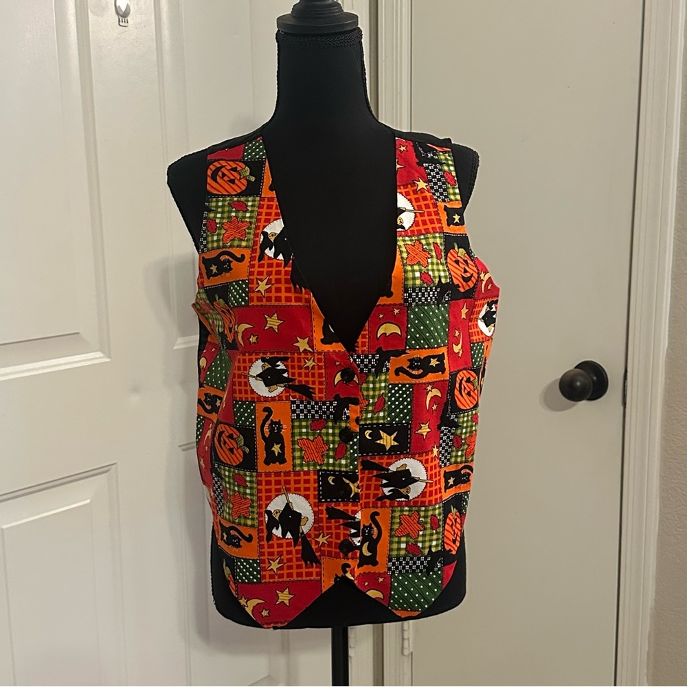 Vintage 90s Fall Halloween Womens Vest Size M Teacher Pumpkin Witch Patchwork